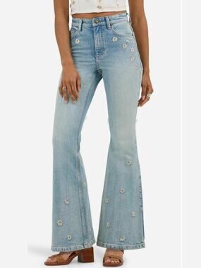 Lee Light Blue Embroidered Daisy Wide Flare Jeans